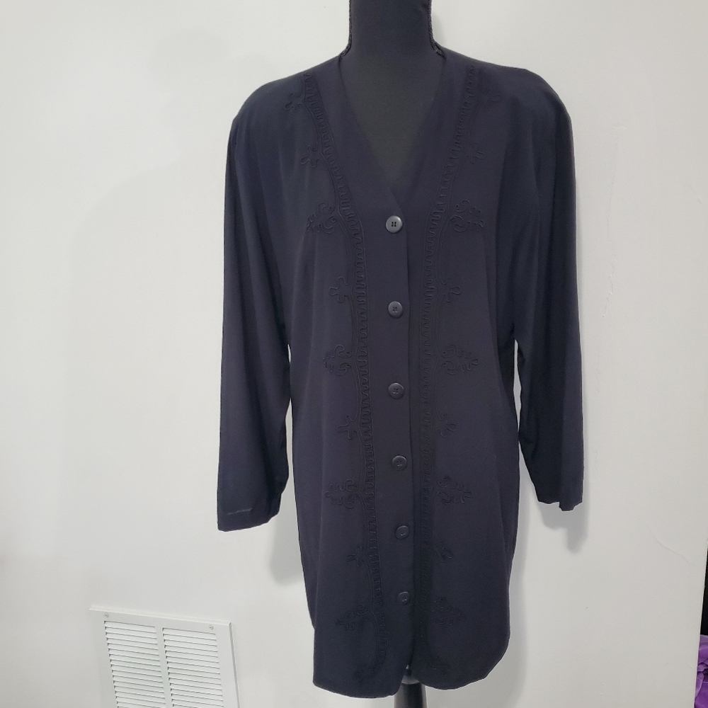 Vintage 90s Grunge Black Express Button Front Tunic Top  Embroidery Size 9/10